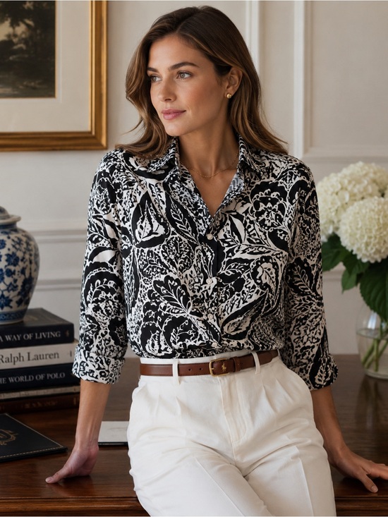 Ralph Lauren Tops - Lauren Ralph Lauren Black & White Floral Print Petite Shirt